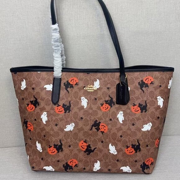 Coach City Tote In Signature Canvas With Halloween Print - Picture 1 of 7